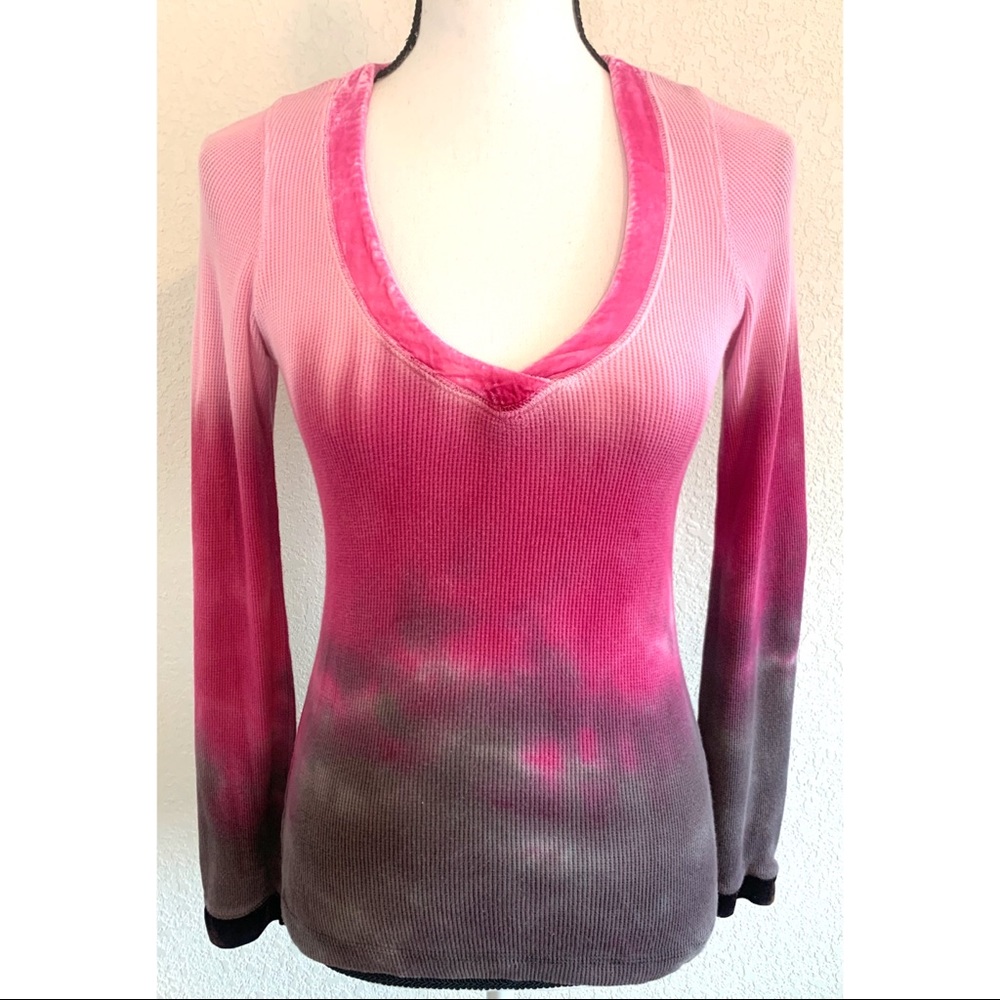 Pink & Gray unique tie dye waffle shirt top blouse shirt velvet trim medium M